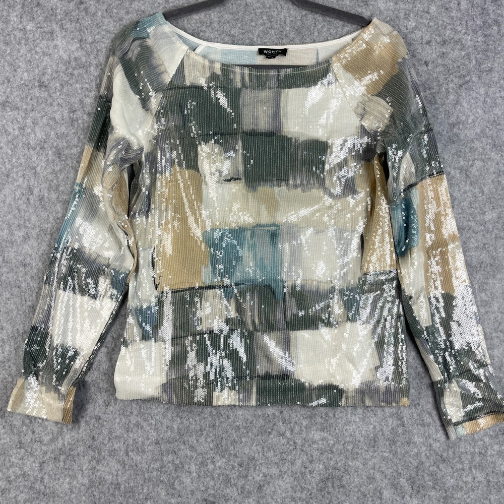 Worth Sequin Top‎ Womens Small Long Sleeve Geometric Stretch Artsy Abstract